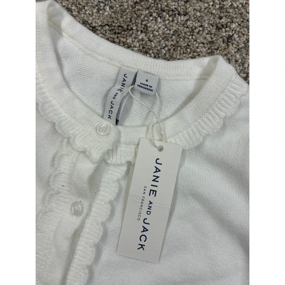 Janie and Jack Girls White Ruffle Trim Cardigan Size 6 NWT 100% Cotton #0519
